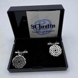 St. Justin Mens Cufflinks Pewter Celtic Wheel Design With Box Silver tone